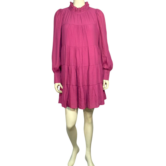 Entro Sz L Tiered Dress High Neck Peasant Sleeve Tie Back Orchid Pink Flowy Boho - Picture 2 of 9